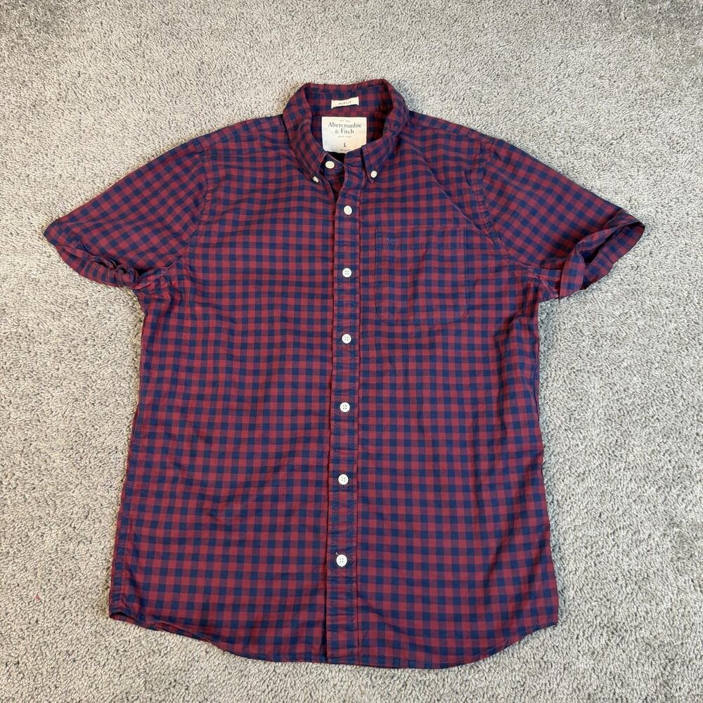 Abercrombie & Fitch Muscle Shirt Mens L Red Short Sleeve Button Up Check Cotton